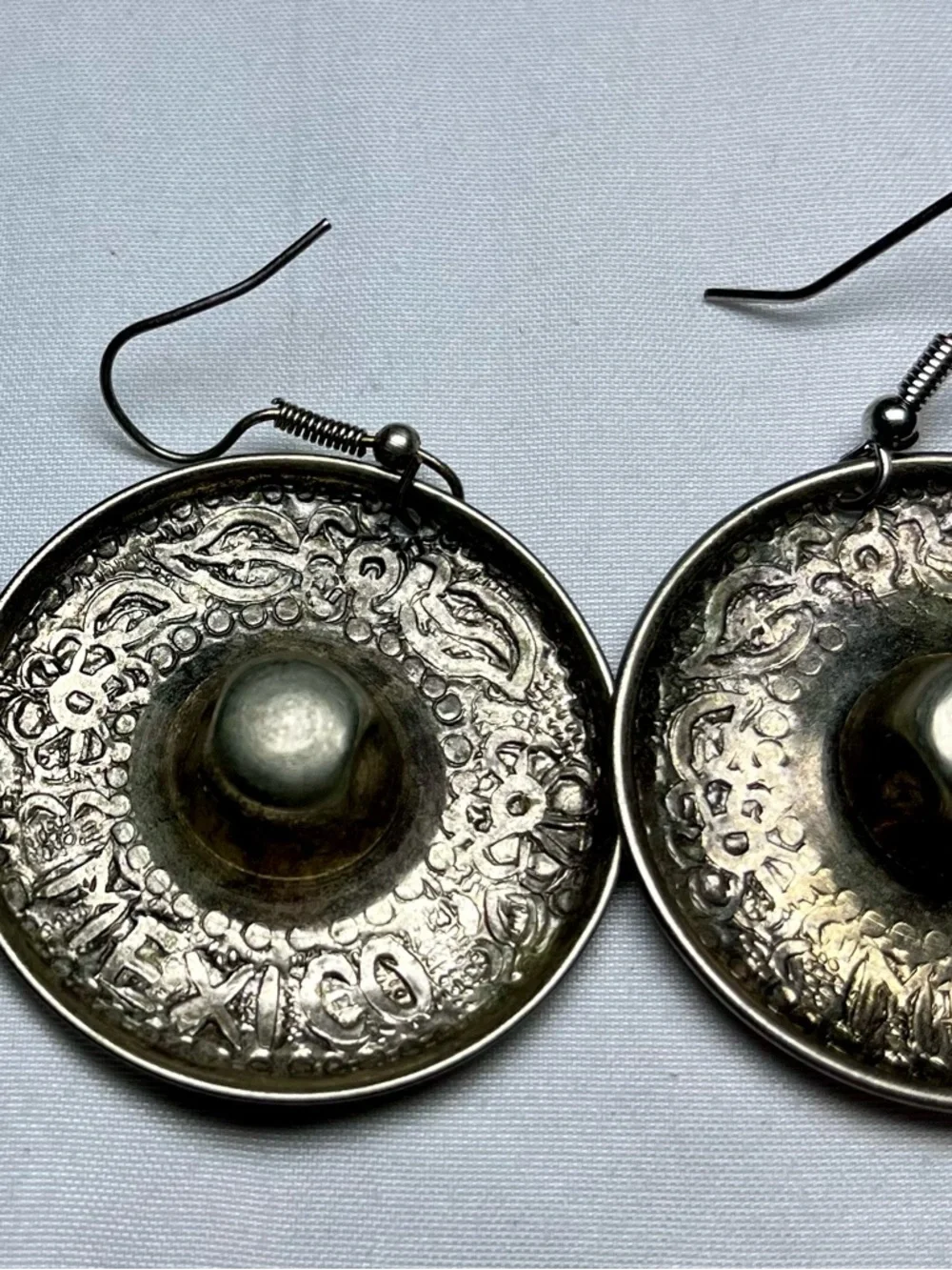 Silver-Tone Embossed Round Drop Sombrero Earrings - Silver - Mexico - Picture 2 of 6